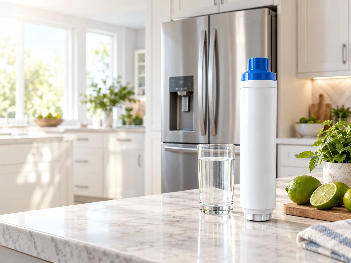 Generic refrigerator water filter and a glass of water in a bright kitchen
